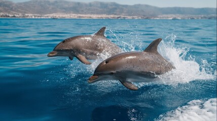 Fototapeta premium Dolphins Jumping in the Ocean Waters Splashing in the Sun