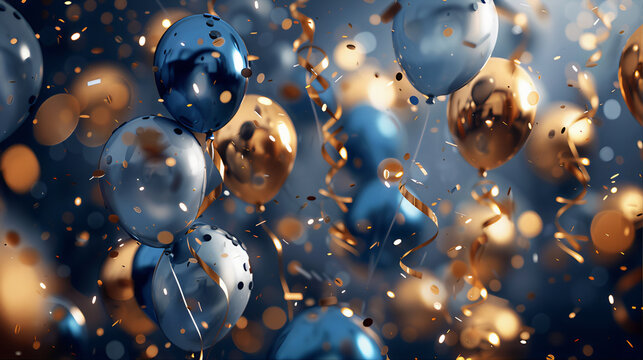 Holiday background with golden and blue metallic balloons with confetti and ribbons against a light blue background, Festive blue and gold billon floating against a light blue background with confetti