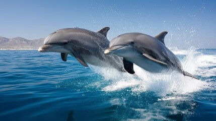 Fototapeta premium Two Dolphins Jumping Out of the Water on a Bright Sunny Day