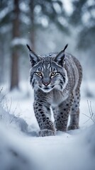 Obraz premium Lynx walks through a snowy forest, showcasing its striking fur and focused gaze