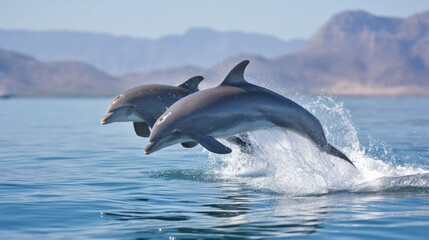 Fototapeta premium Dolphins Leaping From Ocean Water in Spectacular Display with Mountain Backdrop