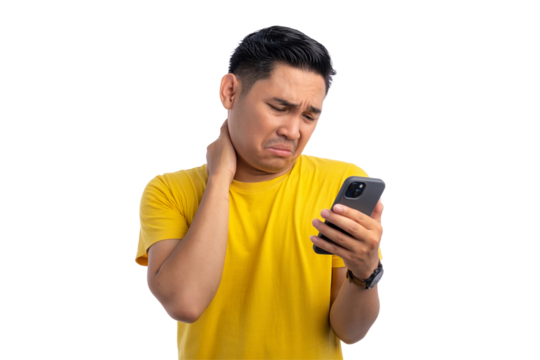 Handsome young Asian man feeling neck discomfort while looking at smartphone isolated on transparent background