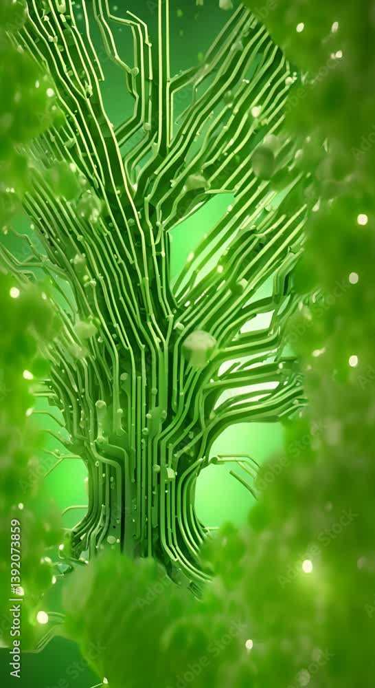 Aufkleber an abstract artwork depicts a tree like structure formed from interconnected green circuit board ele