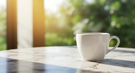 Coffee cup placed on a marble table with soft sunlight coming through a window