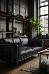Obraz premium A black leather couch sits in a living room with a large window
