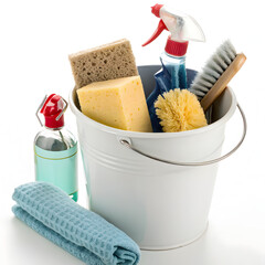 Cleaning products and cleaning supplies in a bucket on white background