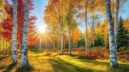 Obraz premium Autumn Birch Forest Sunlight