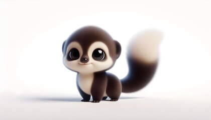 Fototapeta premium 3D baby tayra with dark fur and cream chest patch on white background. Its fluffy tail adds extra charm. Soft lighting