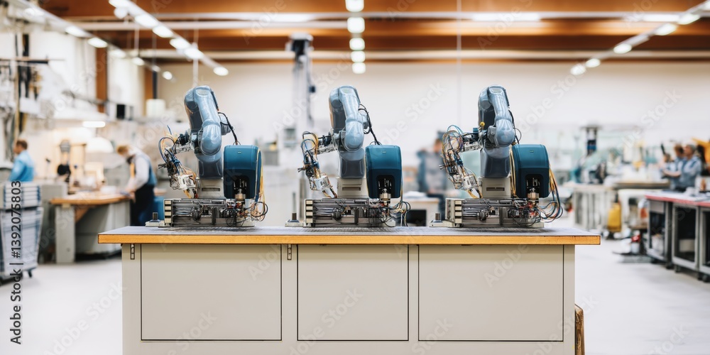 Poster three robots are sitting on a table in a factory. the robots are all different sizes and colors. sce