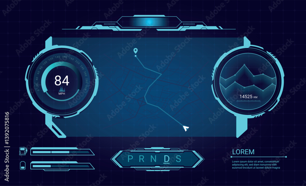 Poster car dashboard screen. future vehicle hud digital display, game futuristic interface virtual cockpit 