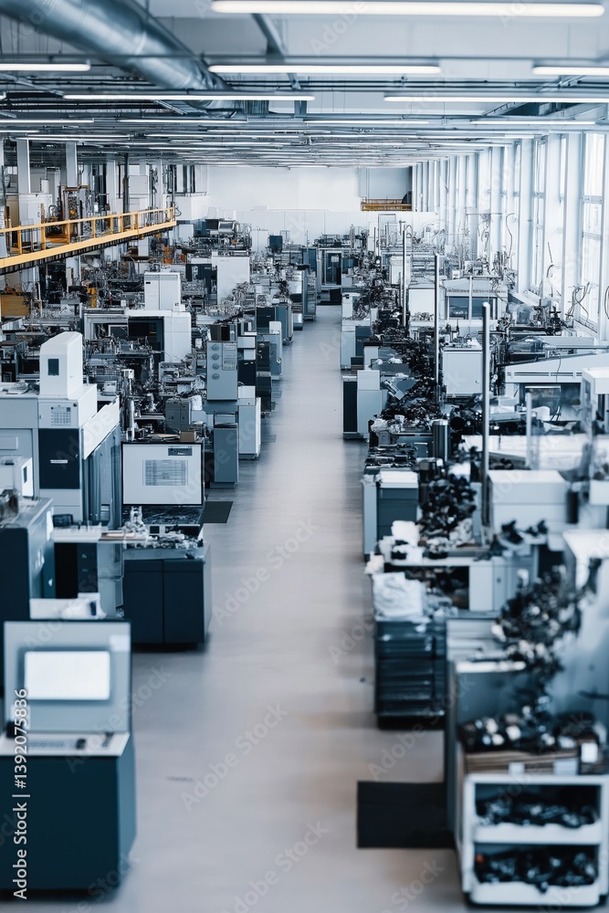 Poster a large industrial building with many machines and computers. scene is industrial and mechanical