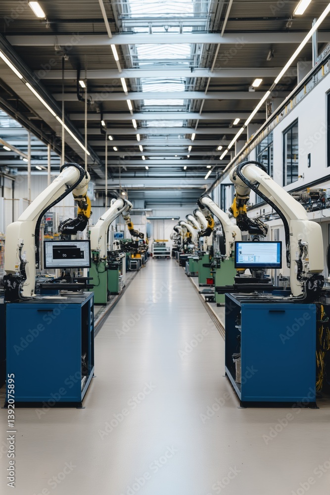 Poster a large industrial space filled with robots and computer monitors. the robots are lined up in rows, 