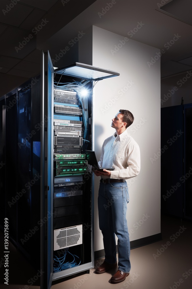 Poster a man is standing in front of a rack of servers. he is looking at a laptop. concept of technical exp