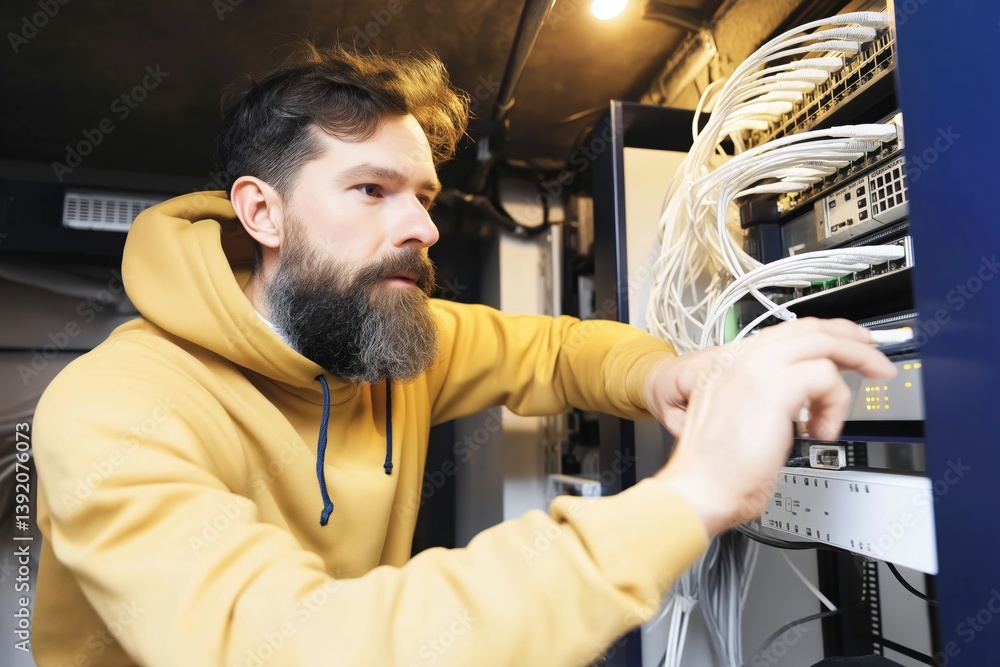 Aufkleber a man with a beard is working on a computer network. he is wearing a yellow hoodie