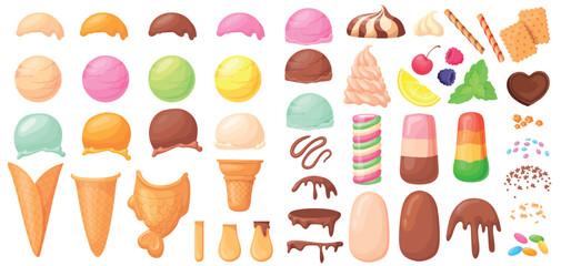 Ice cream constructor. Create icecream flavor, scoop balls waffle cone or popsicle on stick sorbet topping sprinkles gelato sundae frozen fruit cream set neat vector illustration