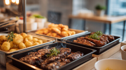 Fototapeta premium Close up of a buffet with roast potatoes fried chicken and cuts of meat with garnish in black trays