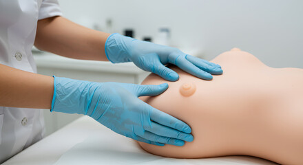 Fototapeta premium Medical Training: Close-up of Hands Examining a Realistic Training Manikin for Breast Examination Procedures