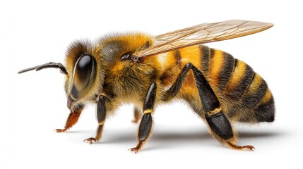 Honeybee Closeup with Detailed Wings and Stripes on a Clean Background