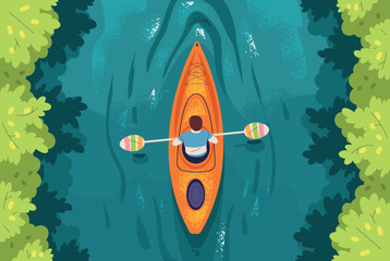 Kayaking top view. Man with paddle in canoe on sea water flow river rafting, kayak boat rowing above lake race extreme adventure sport nature background classy vector illustration