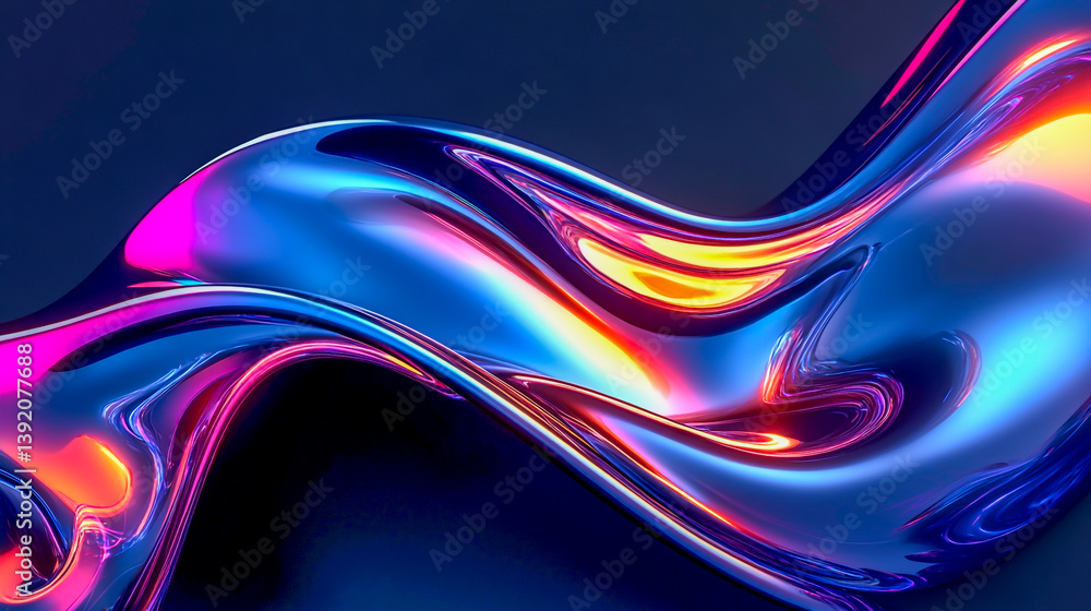 Poster abstract fluid 3d render with a black background and holographic, iridescent neon curved wave in mot