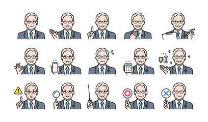 バッジをつけたスーツのシニア世代の男性の様々な表情バリエーションセット