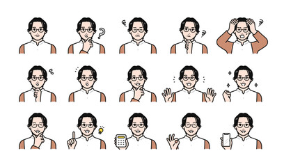 ビジネスカジュアルなミドル世代の男性の様々な表情バリエーションセット