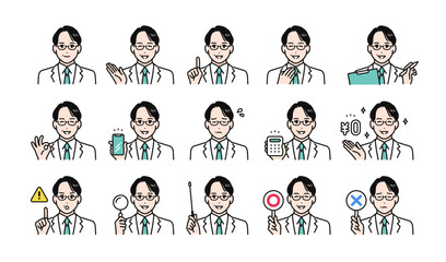 白衣を着たミドル世代の男性の様々な表情バリエーションセット