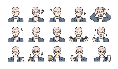 ビジネスカジュアルなシニア世代の男性の様々な表情バリエーションセット