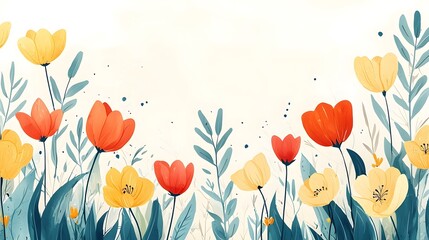 A watercolor painting of vibrant orange and yellow tulips blooming in a lush green field with delicate leaves creating a beautiful floral border perfect for sp designs.