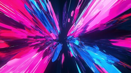 A radiant burst of abstract shapes in neon pink and blue, with sharp edges and soft gradients on a pitch-black canvas.