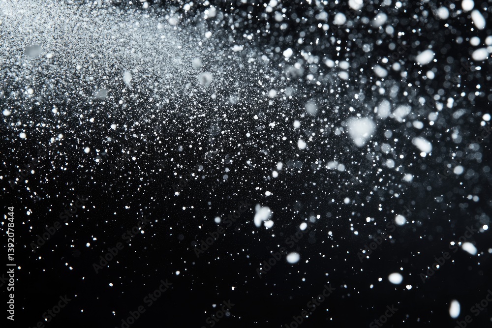 Poster white particles falling against a transparent background, creating a sense of motion and depth.