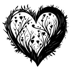 Stylized heart shape containing interwoven branch silhouettes and small heart accents