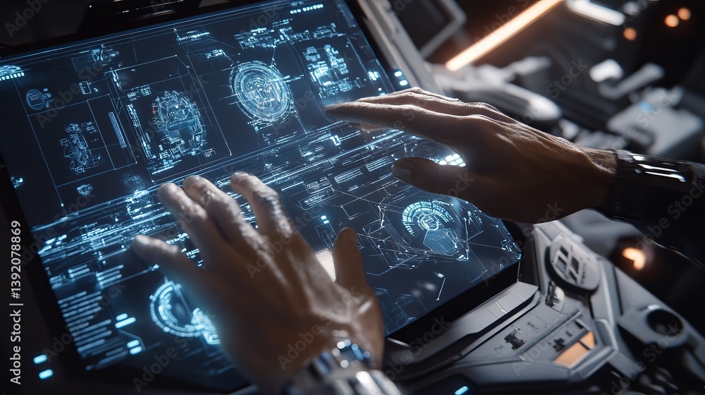 Poster hands interacting with futuristic touchscreen display showing complex technical diagrams and data