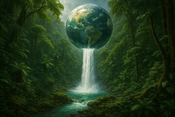 Waterfall Flows from Floating Glass Globe into Jungle Below