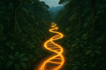 Obraz premium Glowing DNA Shaped River Flows Through Rainforest, Life Symbolism