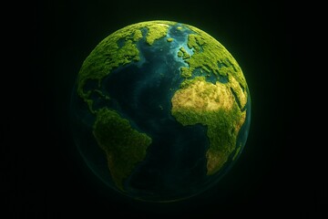 Glowing Globe with Moss Continents and Water Oceans