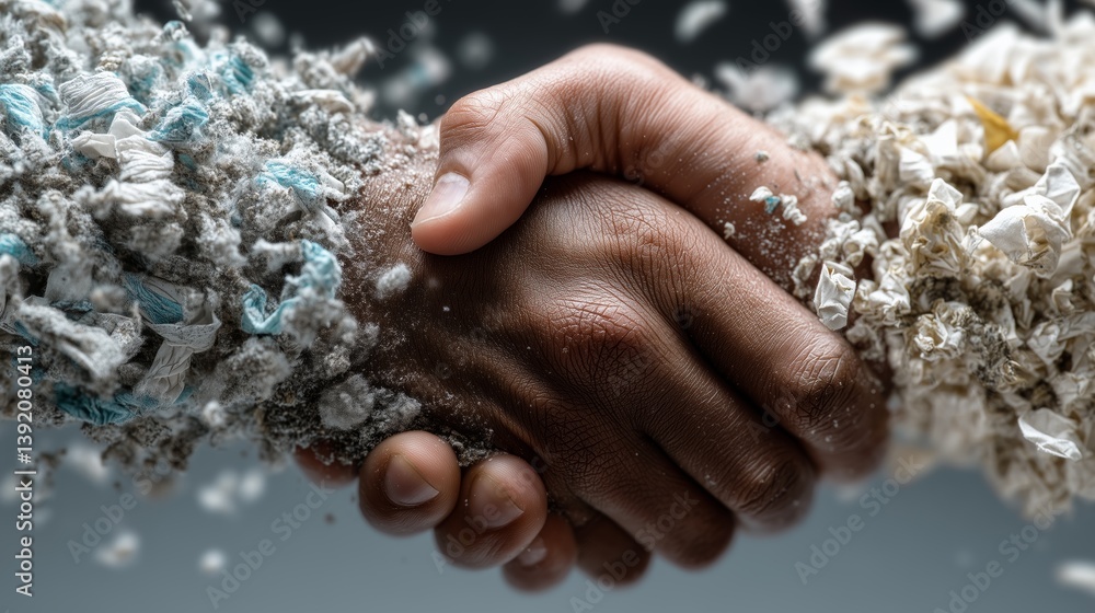 Poster hands shaking, with one transforming into particles and the other solid. reciprocal tariffs import t