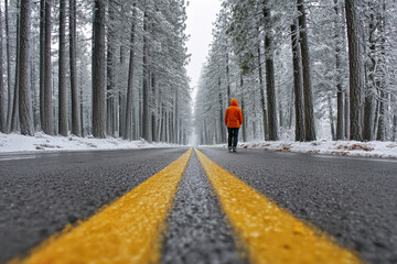 Person in orange jacket walking on snowy road between tall trees, showcasing winter solitude and journey concept
