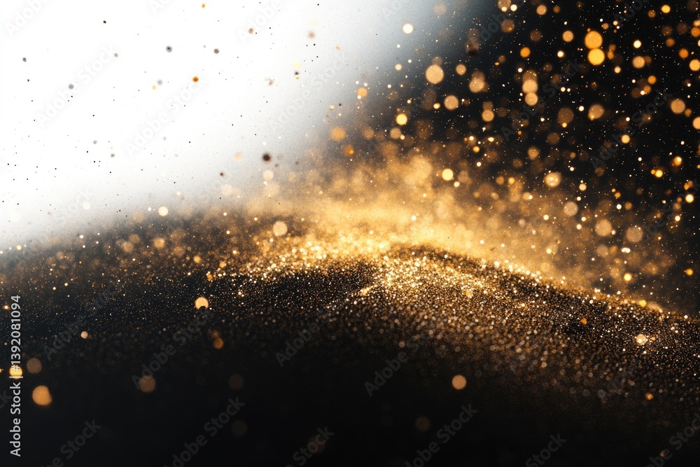 Poster golden glitter particles floating on a dark background, creating a luxurious and sparkling effect.