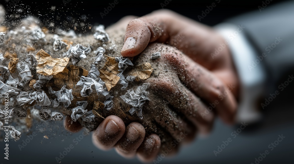 Poster hands shaking with a digital effect of particles disintegrating. reciprocal tariffs import tax econo