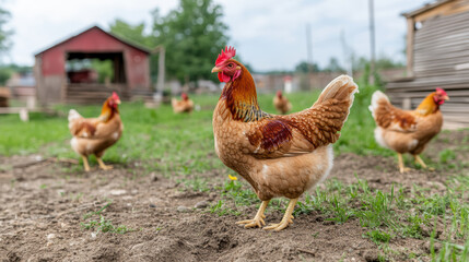 Fototapeta premium group of hens roaming freely in grassy area near rustic barn, showcasing peaceful farm setting
