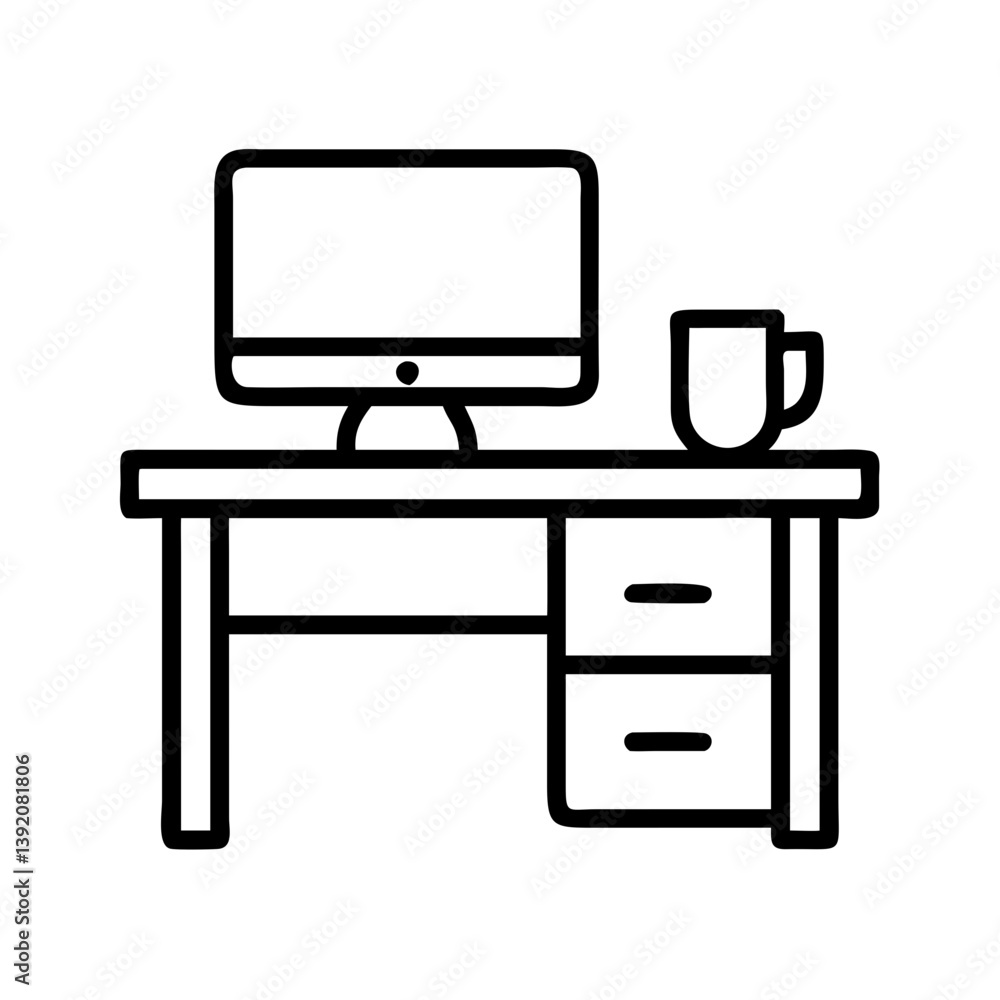 Poster office desk with computer and coffee mug vector icon workspace outline illustration for web and prin