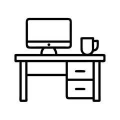 Office desk with computer and coffee mug vector icon workspace outline illustration for web and print design