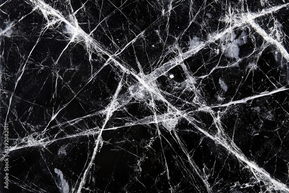 Poster intricate web of cracks on a dark surface, resembling a spiderweb or fractured ice.