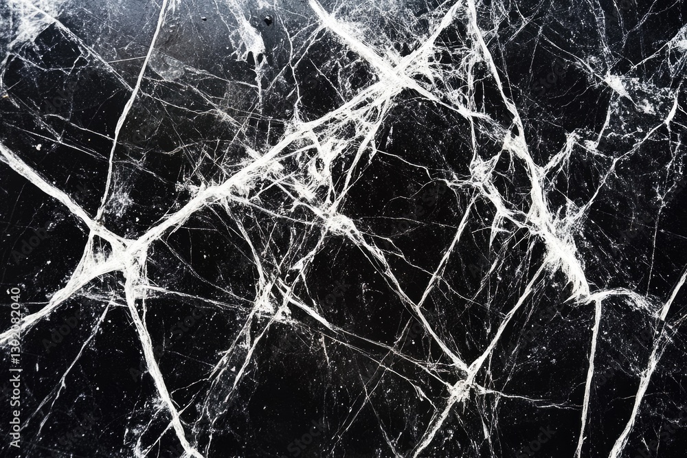 Poster intricate web of cracks on a dark surface, resembling a spiderweb or frozen ice.