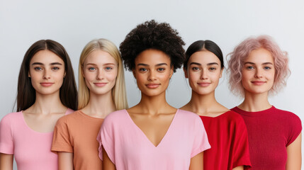 Obraz premium Diverse group of women showcasing different hairstyles and skin tones, exuding confidence