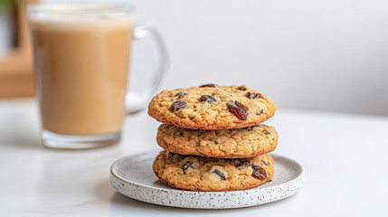 Delicious oatmeal raisin cookies stacked on plate, paired with warm beverage