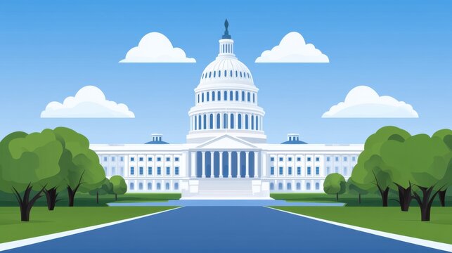 Illustration of the United States Capitol Building Surrounded by Green Trees and Clouds on a Clear Blue Day