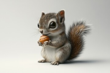 Adorable baby squirrel with big eyes happily holding a nut.