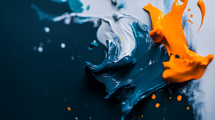 Abstract art featuring dynamic splashes of orange, blue, and white paint on dark background, evoking creativity and energy through bold textures and fluid motion